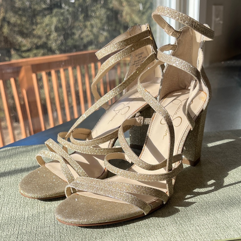 Jessica Simpson Gold Glitter Strappy Block Heel Sandals